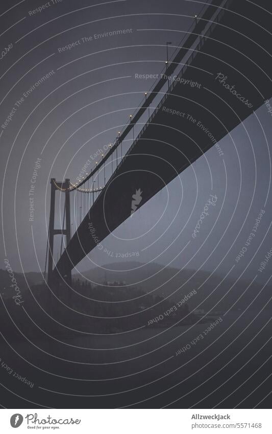 Askøy Bridge in Norway at night in fog and rain Suspension bridge Night Night sky hazy hazy weather foggy Rain Drizzle Comfortless Cold Wet Dark Colorless