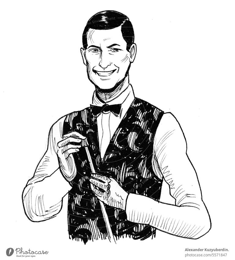 Smiling billiard player. Ink black and white drawing activity art billiard club billiard cue billiards game illustration leisure male man snooker sport