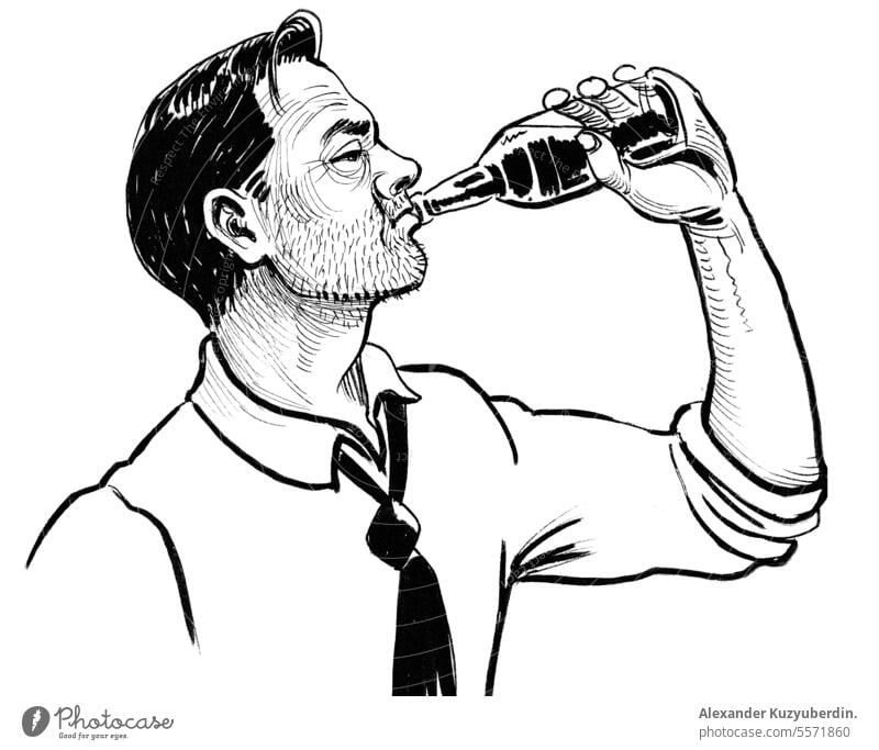 Alcoholic man drinking a bottle of beer. Ink black and white drawing alcohol alcoholic alcoholism background cartoon character fun illustration person pub