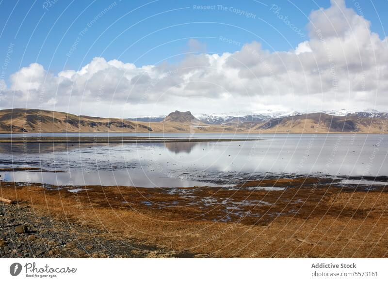 Lake reflection in Iceland near snowy mountains lake cloud grassland terrain landscape nature water cloudy sky outdoor scenic wilderness fjord plateau remote