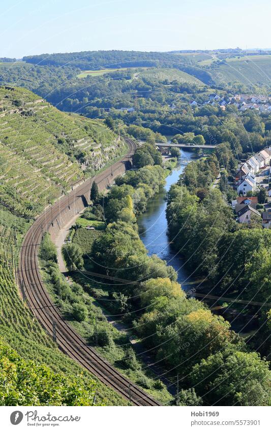 View of the railroad line along the Enz near Besigheim railway line Track Vineyard mountain Railroad location Place Perspective enz Sky Horizon Nature Landscape