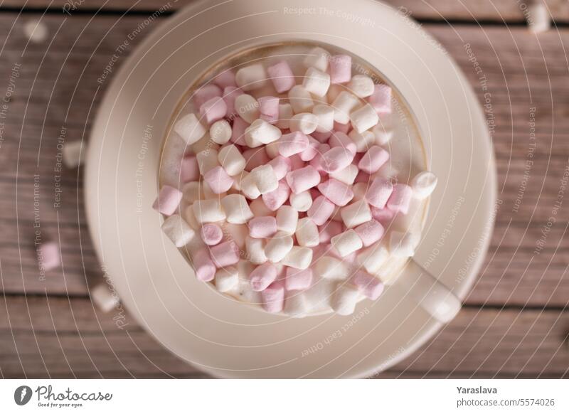 photo of marshmallow with coffee in a white cup on a saucer top view photography cocoa coffee cup drink dessert - sweet food mug tasty breakfast closeup warm