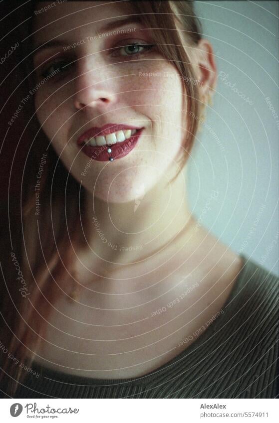 Portrait of a young woman with freckles in a green dress - analog 35mm Woman Young woman Large tall woman Slim Bright Joy Athletic pretty Esthetic Appealing