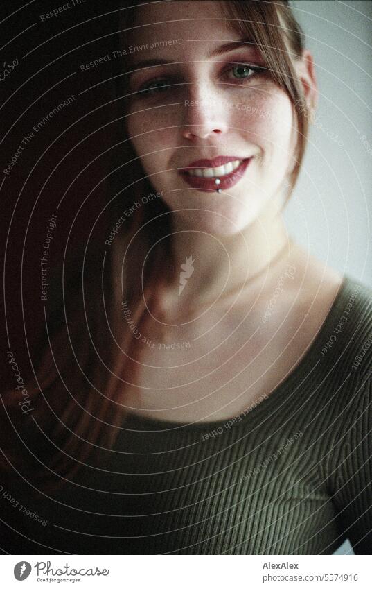 Portrait of a young woman with freckles in a green dress - analog 35mm Woman Young woman Large tall woman Slim Bright Joy Athletic pretty Esthetic Appealing