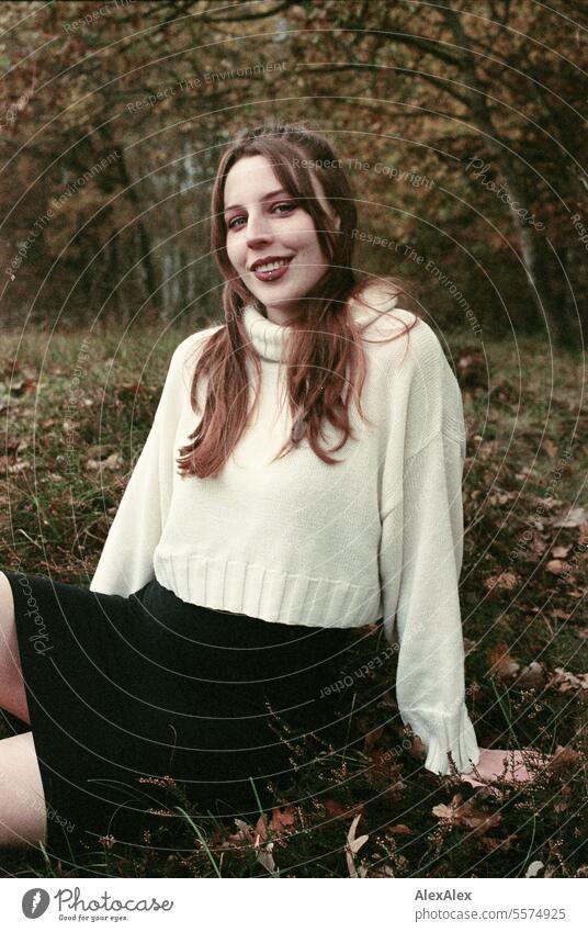 Young woman in white wool sweater in a heath landscape in autumn - analog 35mm Woman Large tall woman Slim Bright Joy Landscape Northern Germany Athletic pretty