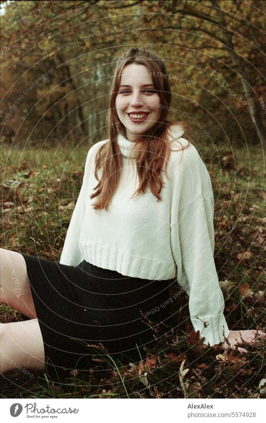 Young woman in white wool sweater in a heath landscape in autumn - analog 35mm Woman Large tall woman Slim Bright Joy Landscape Northern Germany Athletic pretty