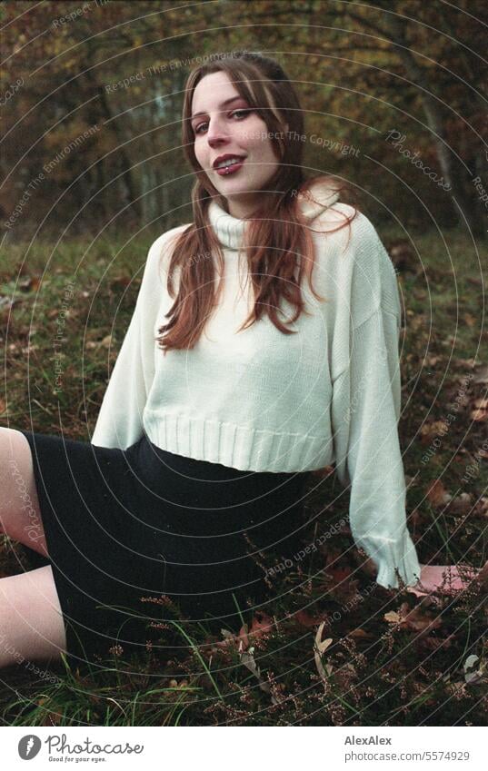 Young woman in white wool sweater in a heath landscape in autumn - analog 35mm Woman Large tall woman Slim Bright Joy Landscape Northern Germany Athletic pretty