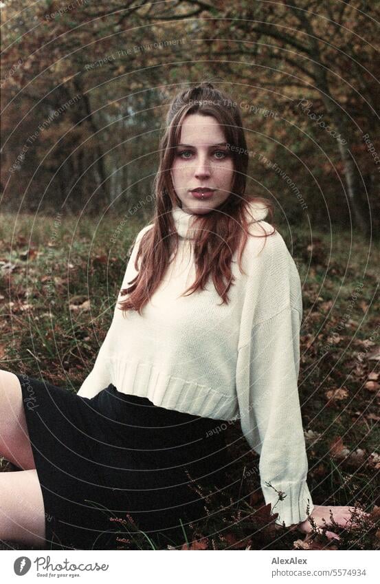 Young woman in white wool sweater in a heath landscape in autumn - analog 35mm Woman Large tall woman Slim Bright Joy Landscape Northern Germany Athletic pretty