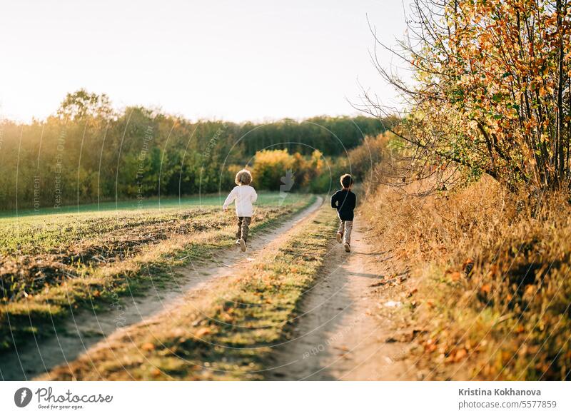 Little happy boys twins running countryside road. Rural childhood, autumn,family outside park cheerful children friendship fun group happiness kid little nature