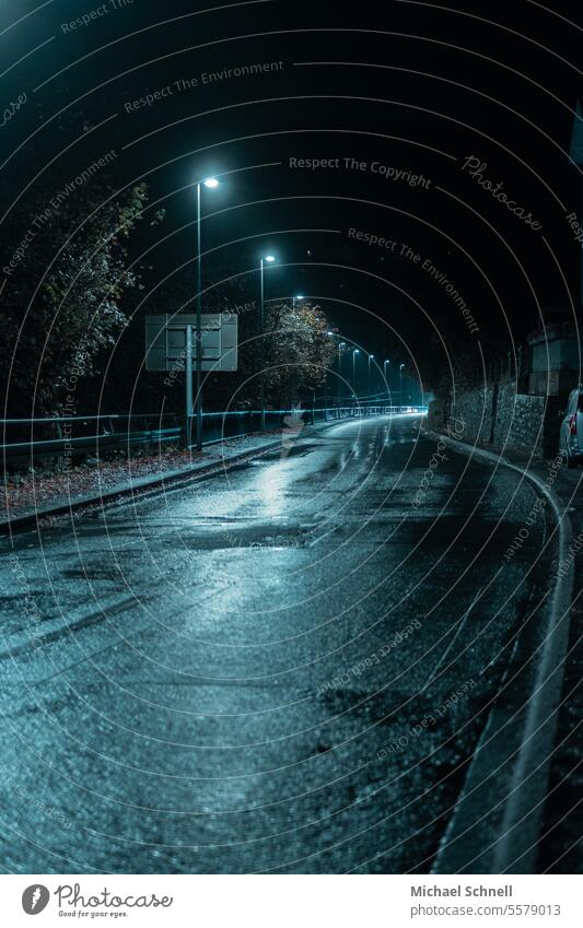 Road and lighting in the late evening Evening Street Lighting Night Dark Lantern Street lighting Lamp Deserted Exterior shot Lamp post Electricity Technology