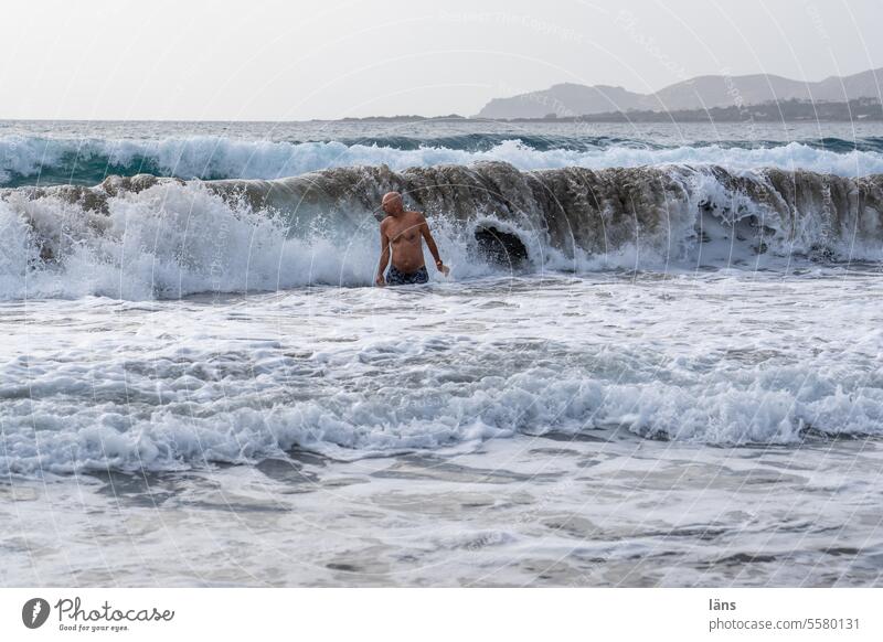 A man in the surf Surf Man Waves Water Ocean coast White crest Elements Swell Force of nature Beach Mediterranean sea Greece Crete Energy