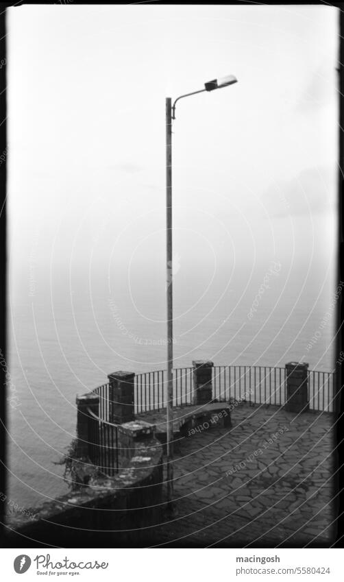 Sea viewpoint with lantern Old Loneliness Black & white photo Sadness Transience Analog analogue photography black-and-white Black and white photography