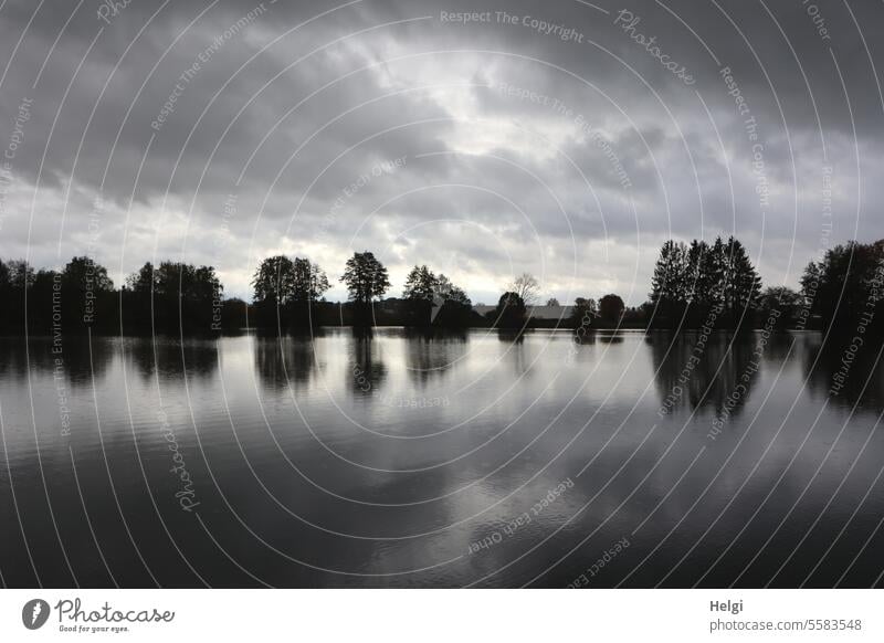 Autumn time | Trees on the lakeshore with reflection and rain clouds Landscape Nature Lake Lakeside trees Clouds Sky Raincloud Moody Reflection Water