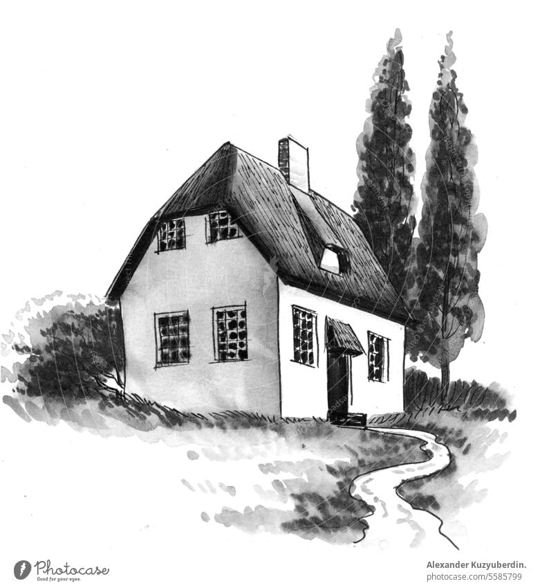 Old house in the countryside. Hand-drawn black and white illustration ancient antique architecture art background building drawing engraved engraving facade