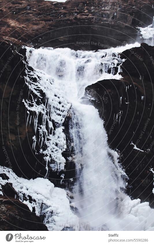 Rjúkandi frozen waterfall in Iceland Waterfall East Iceland Rock chill Frozen Cold White Mysterious Freeze Freezing Stream fluid elemental Climate freezing cold