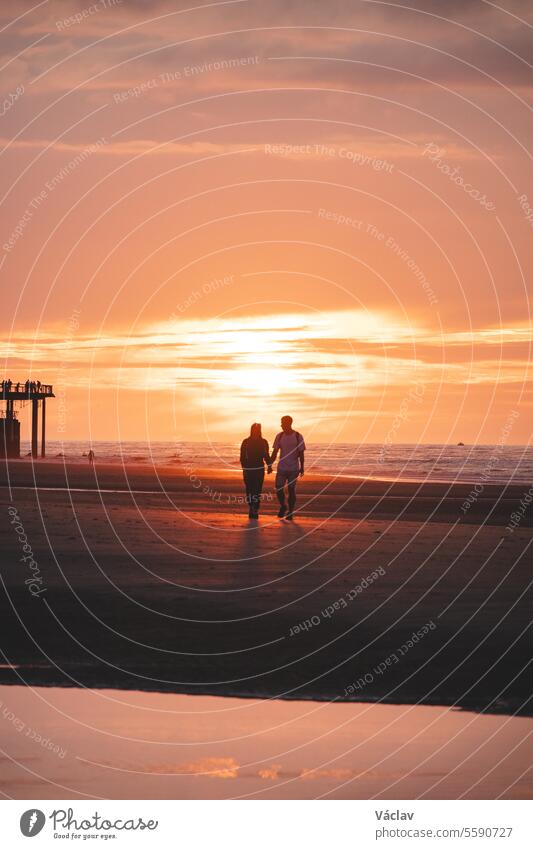 Romantic walk of a young couple on the beaches of Oostende in western Belgium at sunset. Love and devotion. Reflection in a pool of water woman honeymoon