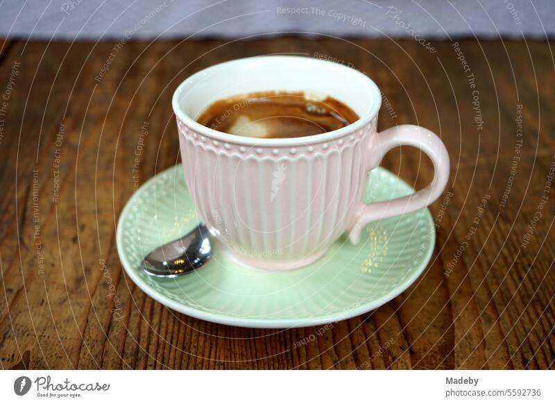 Rustic wooden table with elegant coffee cup with Café Americano in a cozy café in Cassellapark in Orber Straße in the Fechenheim district of Frankfurt am Main in Hesse