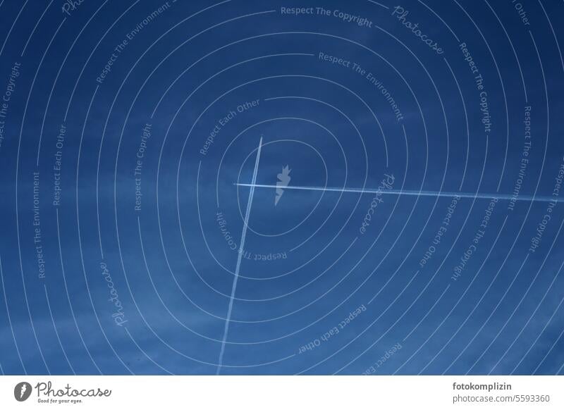 Airlines in the blue sky Vapor trail Aircraft Airplane Cross Crucifix Aviation Flying Sky Speed air traffic Far-off places criss-cross Line Geometry Environment