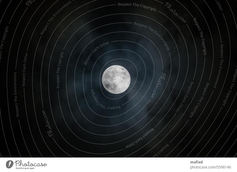 Full moon with cloud veil Full  moon Night Sky Dark Light Moonlight Moody Veil of cloud Werewolf Mystic spooky sleepless moon crater Mares Black Gray Blue