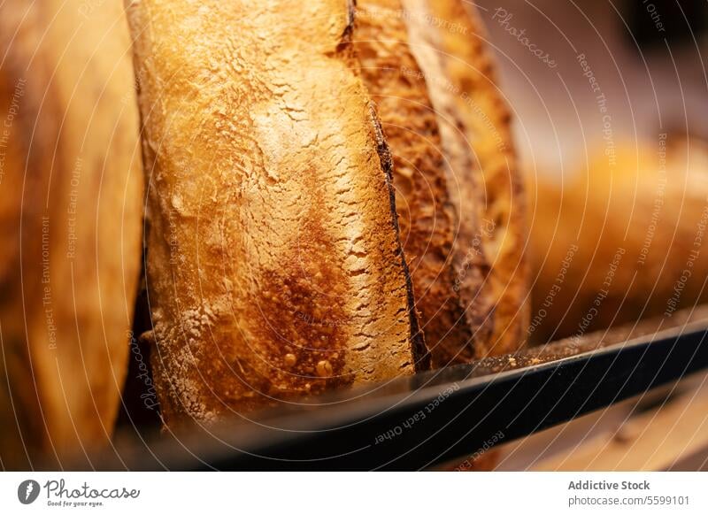 Detail shot of bread loaf close-up cereals bakery market fresh bakehouse food details wheat flour delicious rack shapes variety baked breakfast store gourmet