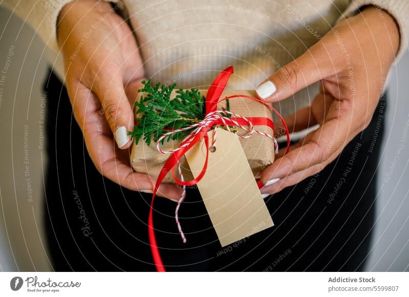 An unrecognizable woman holding Christmas gift in hand horizontal ribbon person paper decorating indoor happy female bow home surprise seasonal