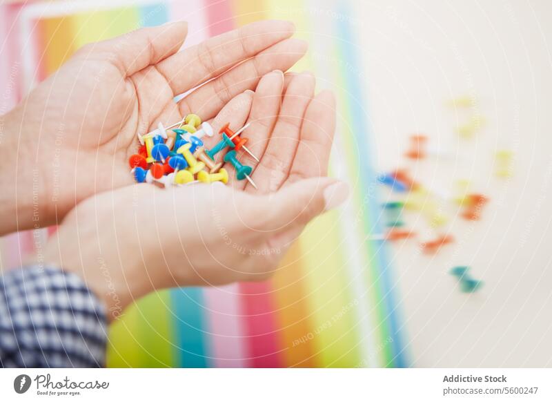 Hands with colorful pushpins Pushpin limb body part human woman businesswoman businessperson stationary office office supplies object one person vivid