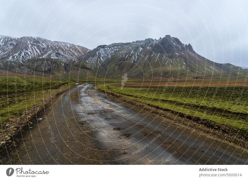 Scenic Iceland highlands with snow-capped peaks iceland mountain road landscape green rugged scenic adventure travel outdoor nature wilderness remote