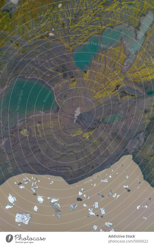 Aerial Landscape of Vatnajökull aerial landscape waterway mossy terrain iceberg vast National Park Iceland nature glacier melt cold arctic environment natural