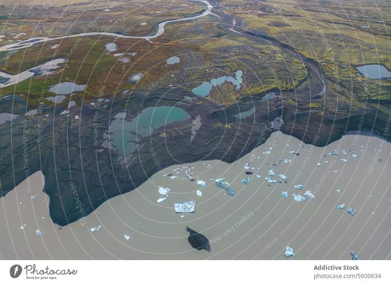 Aerial Landscape of Vatnajökull aerial landscape waterway mossy terrain iceberg vast National Park Iceland nature glacier melt cold arctic environment natural