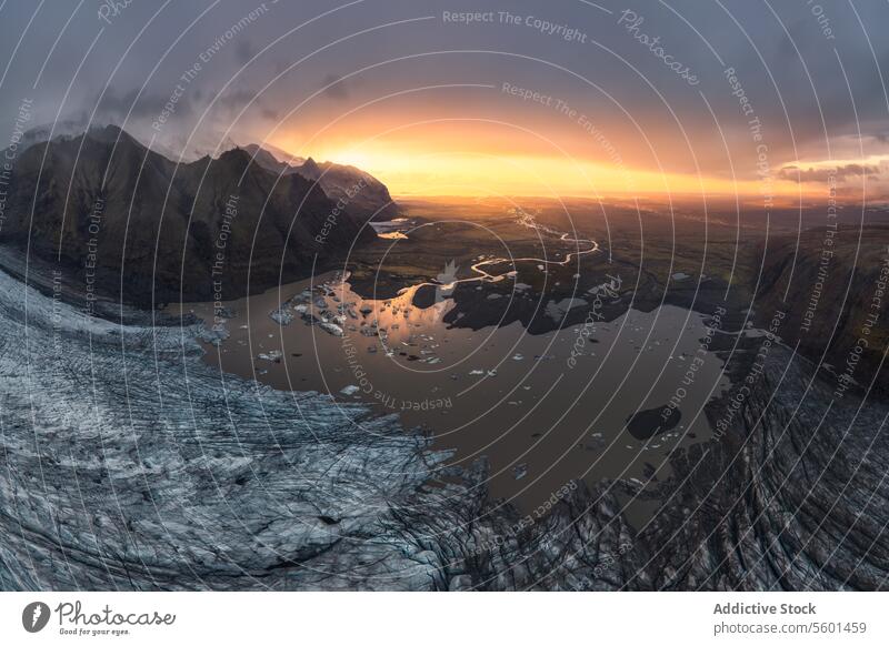 Aerial sunset glacier scene in VatnajÃ¶kull National Park aerial view vatnajÃ¶kull iceland national park lagoon landscape natural beauty twilight dusk