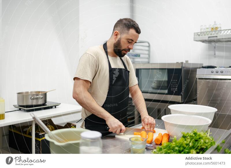 Young chef cutting carrots cook cooking kitchen food professional restaurant vegetables knife man young work male dish cuisine person job preparation meal