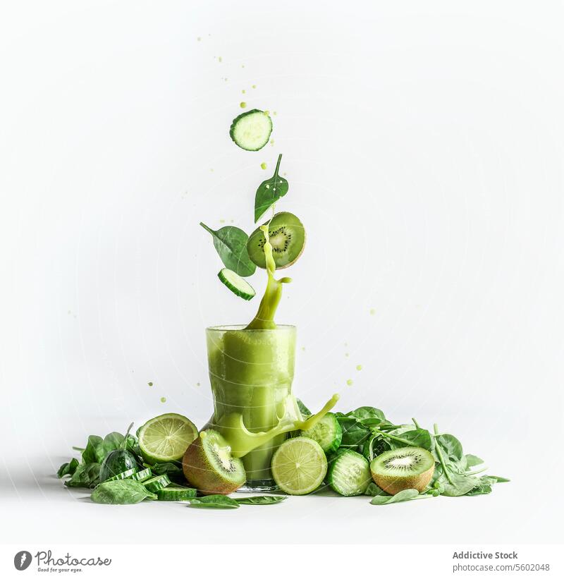 Splashing of green smoothie in glass with and flying ingredients: cucumber,kiwi and spinach leaves at white background with heap of green fruit and vegetable. Healthy refreshing drink