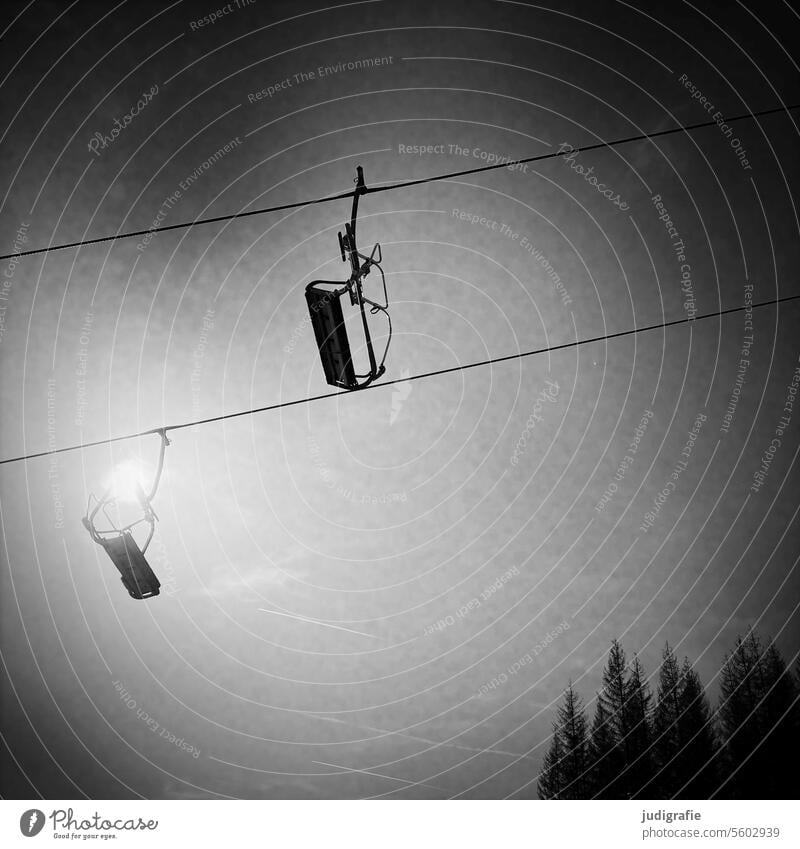 off-season elevator Ski lift Ski resort chair lift Mountain tranquillity Chair lift Sky Off-Season Square Black & white photo Tourism Winter sports