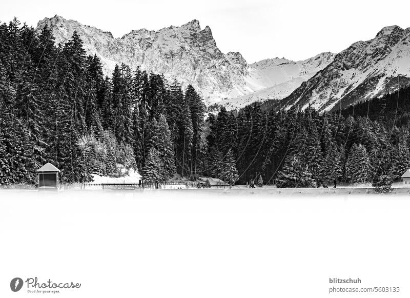 A mountain lake with fog and walkers on a dam. Pointed mountains and a ski resort in the background lenzerheide Landscape Nature Environment Switzerland Alps