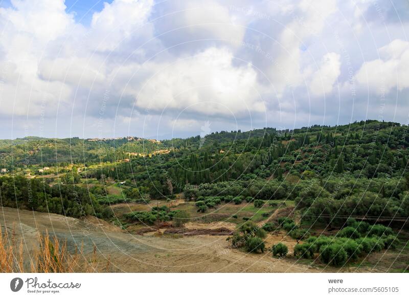 View over wooded hills and olive trees near Sidari on the island of Corfu under a cloudy sky Beaches Byzantine churches Corfu Town Crystal clear waters Culture