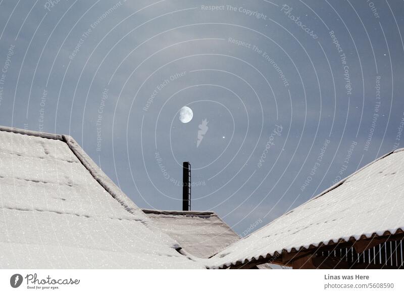 On this chilly and starlit night, a frozen landscape unfolds, adorned with snowy rooftops in the countryside. The full moon casts its radiant glow upon the star-studded sky. It’s a wonderful winter time and everywhere is bright and calm.