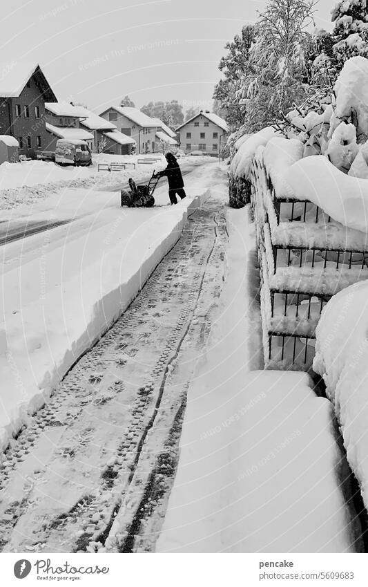 street sweeper Snow snow blower Winter Village Sidewalk Tracks Footprint Black & white photo Cold Snow track Snow layer Weather Winter mood winter snow-covered