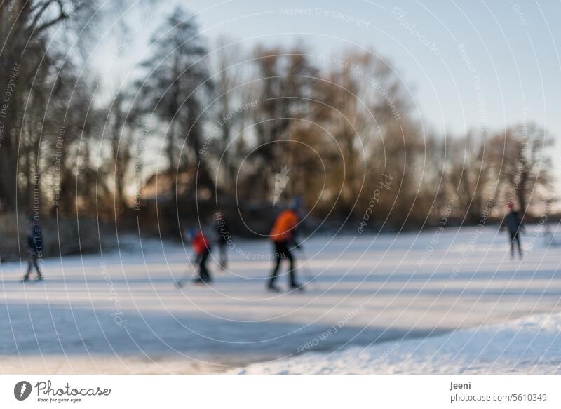 Skating weather people Youth (Young adults) Frozen surface Lake Snow Movement game fun Leisure and hobbies Winter sports Ice hockey Sports Playing Ice-skates