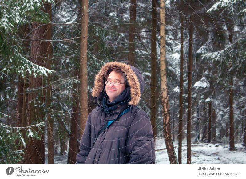 Man in the winter forest Winter Snow portrait Winter mood Landscape Winter's day Cold Snowscape Seasons Frost Nature winter landscape chill Winter walk trees