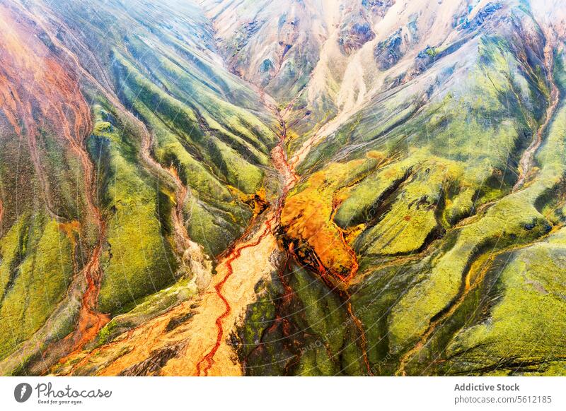 Aerial view of vibrant Landmannalaugar mountains in Iceland iceland landmannalaugar aerial view river basin landscape natural beauty color geothermal volcanic