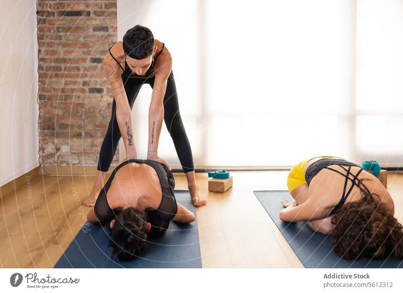 Yoga instructor assisting student in forward bend pose yoga assistance class studio brick wall exercise fitness health wellness mat stretching guidance helping