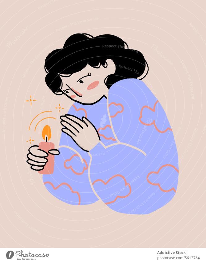 Cartoon woman with burning candle cartoon illustration fantasy imagination sensual night flame female young wavy hair curly hair black hair bob haircut sweater