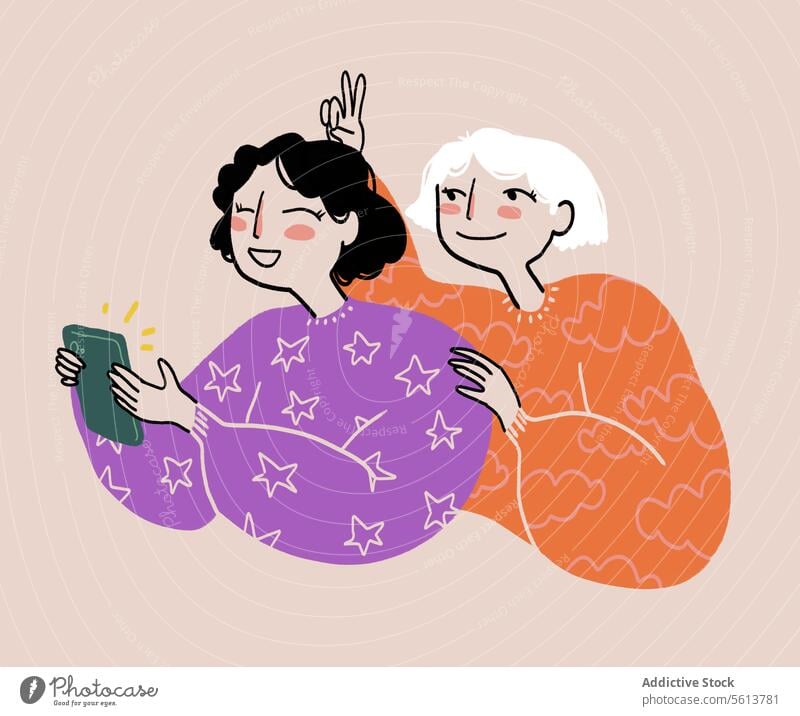 Cartoon girlfriends taking selfie on smartphone women cartoon illustration using bunny ears two fingers having fun smile happy cheerful female young bob cut