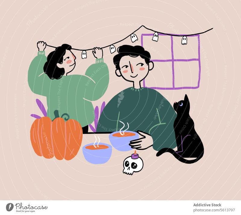 Cartoon couple decorating house for Halloween cartoon illustration ghost garland halloween cat hot drink pumpkin decorate young wavy hair curly hair black hair