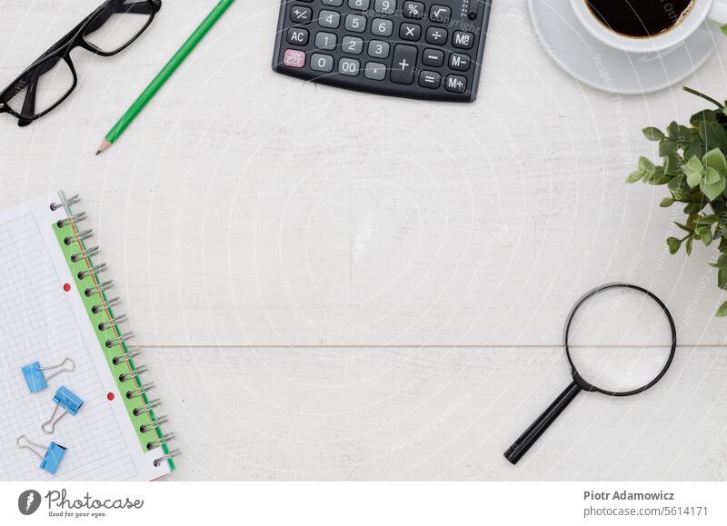 Flat lay composition on white wooden background flat desk coffee cup top view office overhead copy space designer creative layout business stationary table