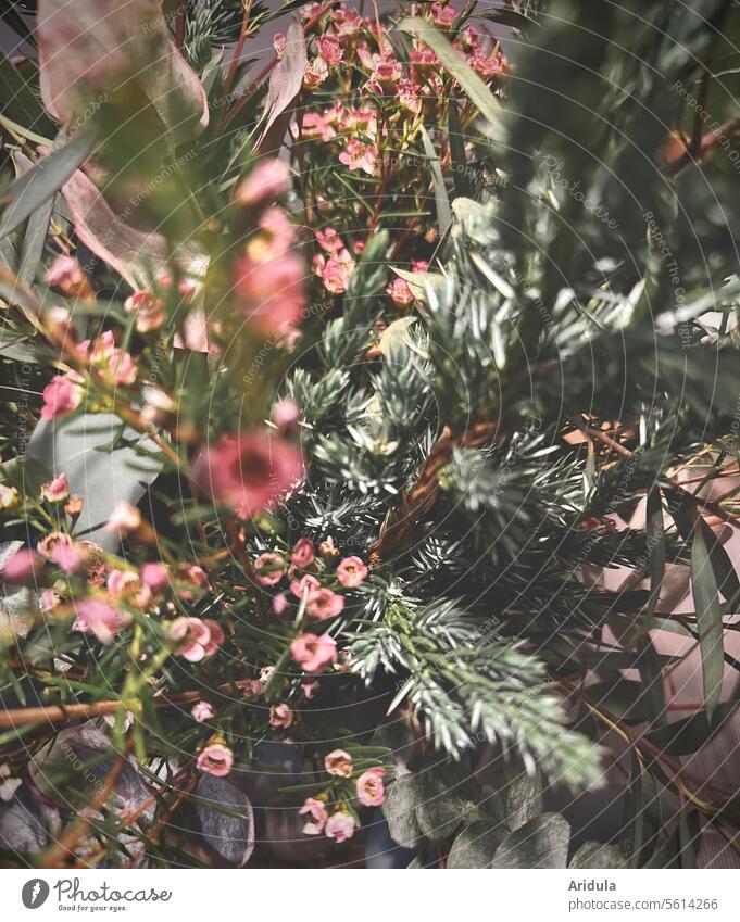 Winter bouquet Flower Detail Light Bouquet Decoration decoration Table Wax flower Juniper eucalyptus Green leaves twigs Vase Pink dusky pink flowers