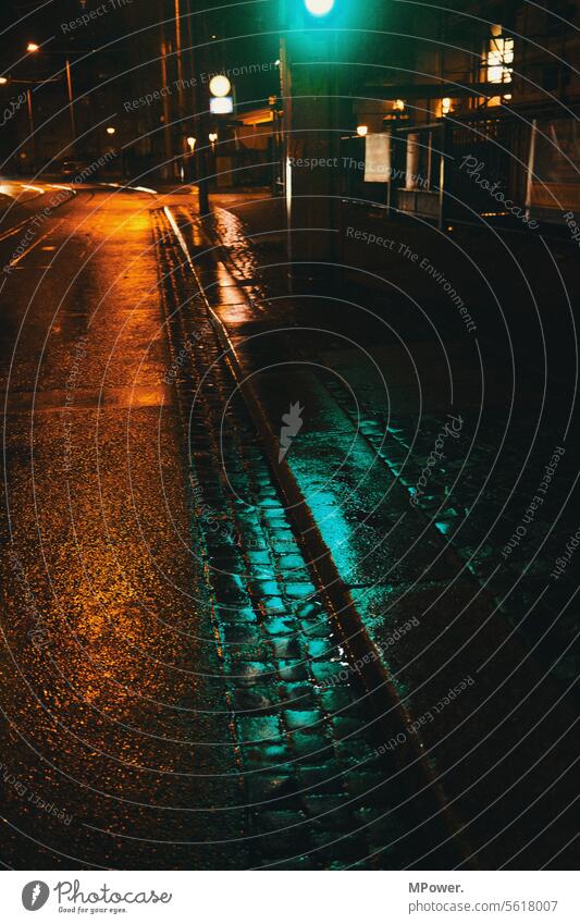 traffic light on green street style street photography Night Street Traffic light Green rainy Wet Curbside Town Urban transport Dark urban Light Street lighting