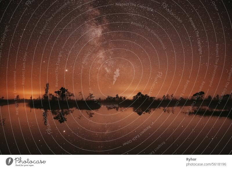 Swamp Bog Marsh Wetland Lake Nature Night Landscape. Night Starry Sky Milky Way Galaxy With Glowing Stars And Moon. Nature Night Sky Reflection In Water. Yelnya Swamp In Belarus