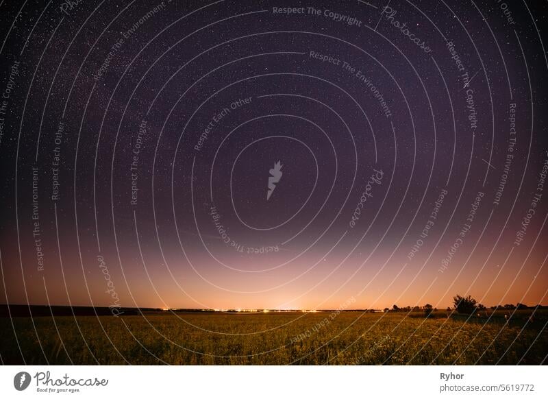 Natural Night Starry Sky Above Summer Field Meadow. Glowing Stars, Meteorite Trail And Sunset Sunrise Lights Above Meadow Landscape summer background shiny