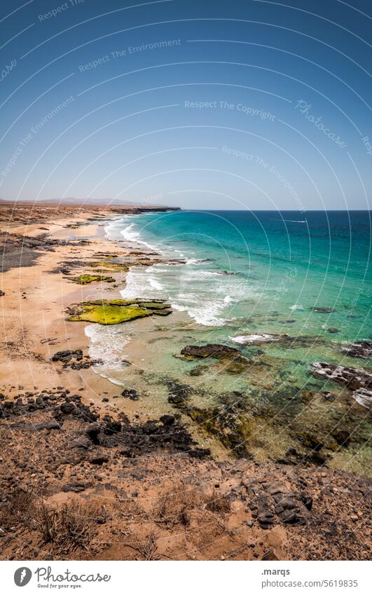 coastline Panorama (View) Freedom vacation travel Colour Summer Beach Sand Ocean Horizon Cloudless sky Beautiful weather Vacation & Travel Relaxation